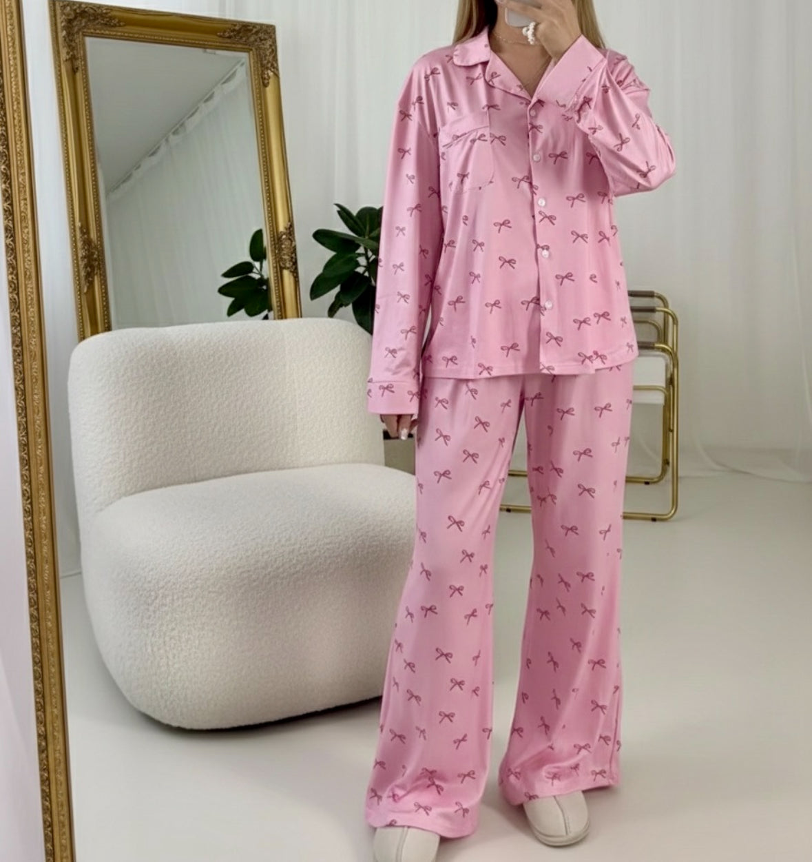 Women's pink bow print pyjamas